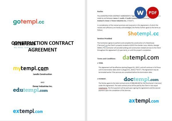 free construction contract agreement template, Word and PDF format