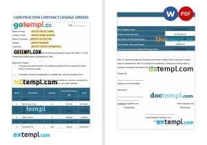 free construction contract change orders template in Word and PDF format
