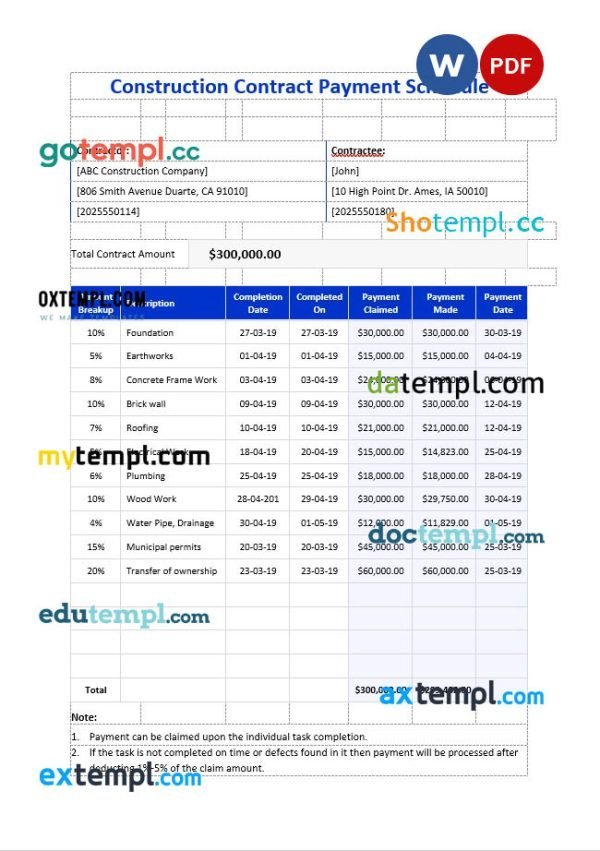 free construction contract payment schedule template, Word and PDF format
