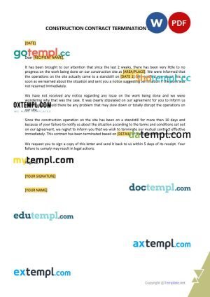 free construction contract termination letter template, Word and PDF format