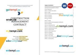 free construction management contract template, Word and PDF format