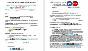 free construction referral fee agreement template, Word and PDF format