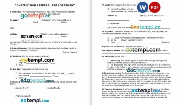free construction referral fee agreement template, Word and PDF format