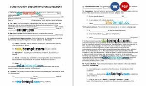 free construction subcontractor agreement template, Word and PDF format