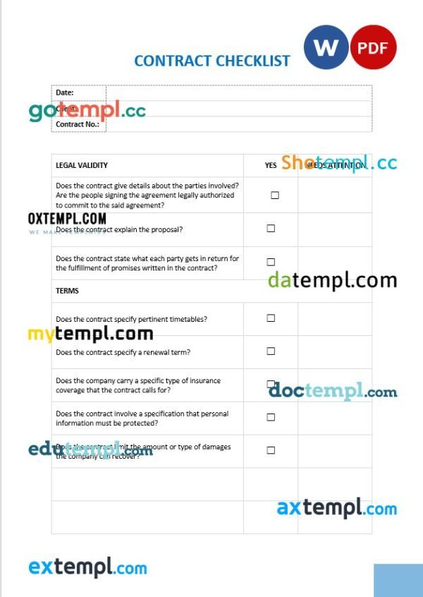 free contract checklist template, Word and PDF format