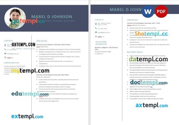 free contract clinical research associate resume template, Word and PDF format