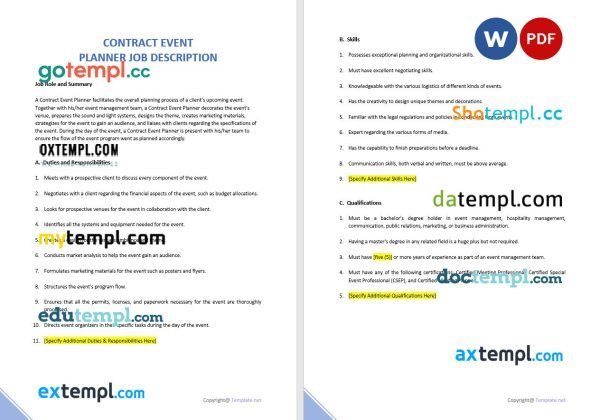 free contract event planner job description template, Word and PDF format