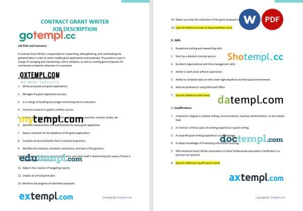 free contract grant writer job description template, Word and PDF format