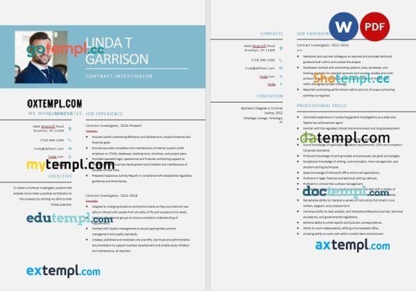 free contract investigator resume template, Word and PDF format