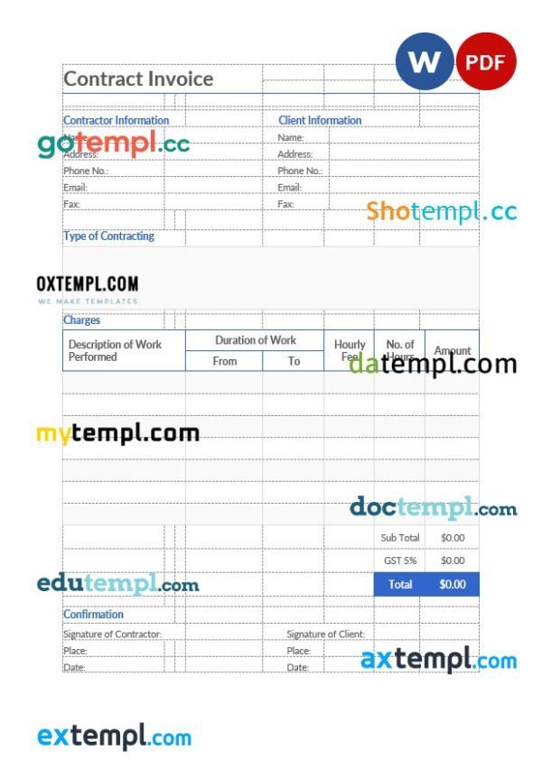 free contract invoice 1 template, Word and PDF format