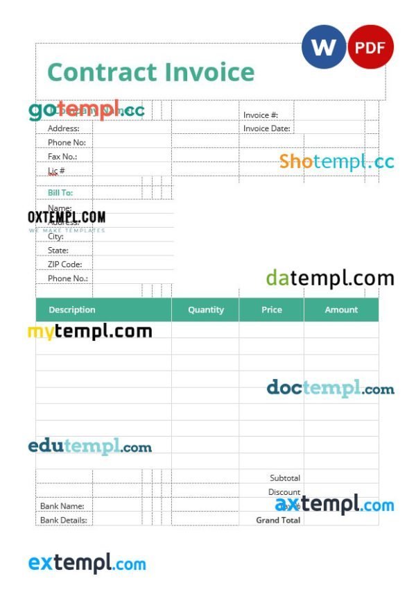 free contract invoice 2 template, Word and PDF format