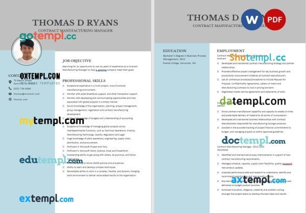 free contract manufacturing manager resume template, Word and PDF format