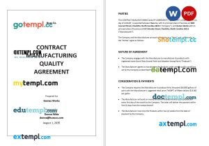 free contract manufacturing quality agreement template, Word and PDF format