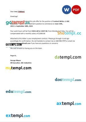 free contract offer letter template, Word and PDF format