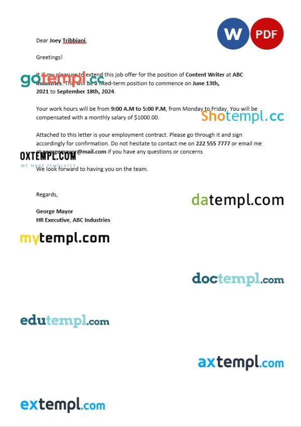 free contract offer letter template, Word and PDF format