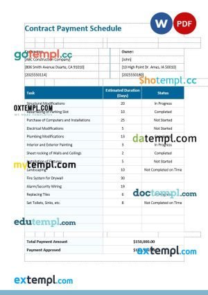 free contract payment schedule template, Word and PDF format, version 2