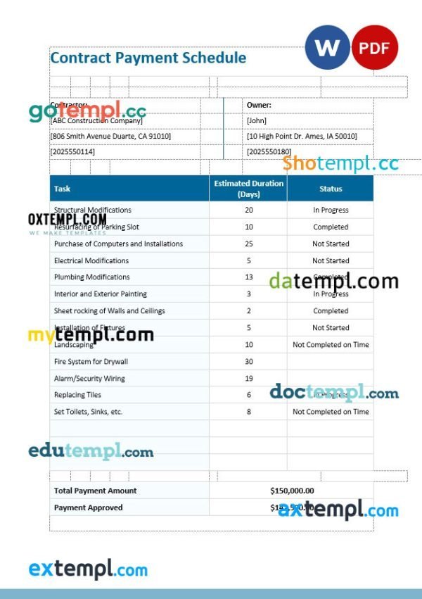 free contract payment schedule template, Word and PDF format, version 2
