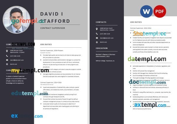 free contract supervisor resume template, Word and PDF format