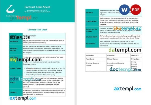 free contract term sheet template, Word and PDF format