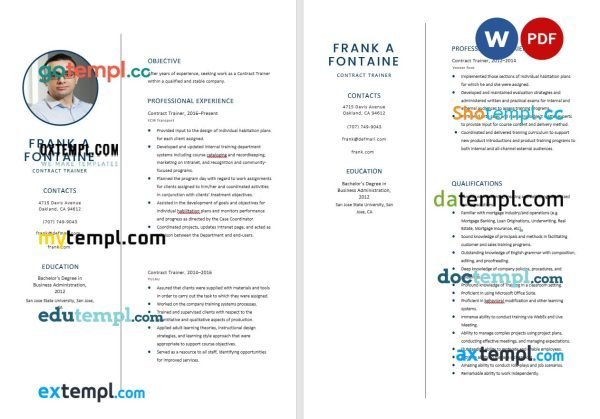 free contract trainer resume template, Word and PDF format