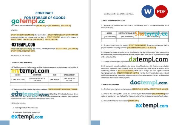 free contract for storage of goods statement template, Word and PDF format
