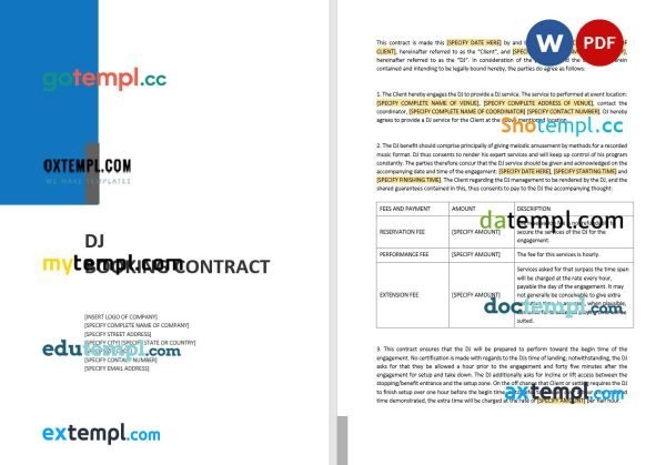 free DJ booking contract template, Word and PDF format