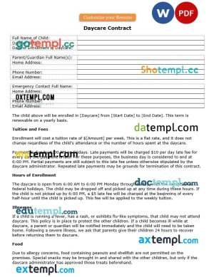 free daycare contract template, Word and PDF format