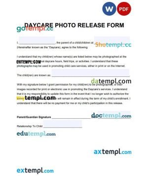 free daycare photo child release Form template, Word and PDF format