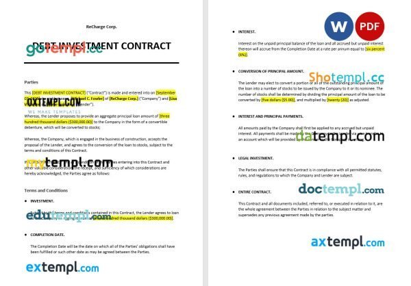 free debt investment contract template, Word and PDF format