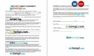 free debt settlement agreement template, Word and PDF format