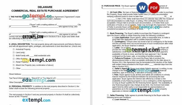free delaware commercial real estate purchase agreement template, Word and PDF format