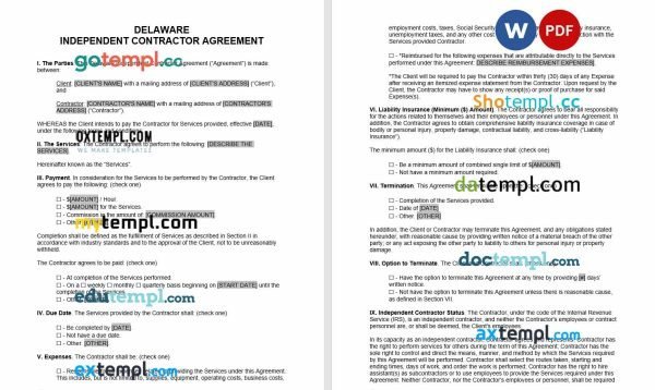 free delaware independent contractor agreement template, Word and PDF format