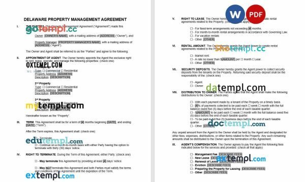 free delaware property management agreement template, Word and PDF format