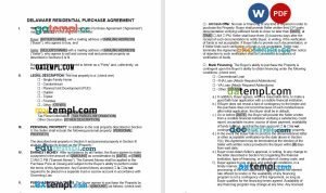 free delaware residential real estate purchase agreement template, Word and PDF format