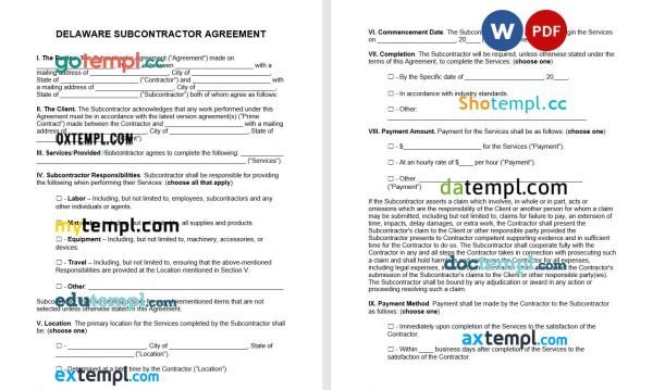 free delaware subcontractor agreement template, Word and PDF format