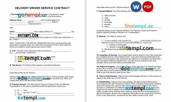 free delivery driver service contract template, Word and PDF format