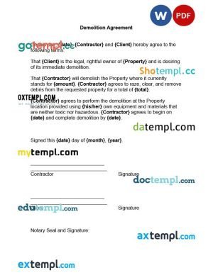 free demolition agreement template, Word and PDF format