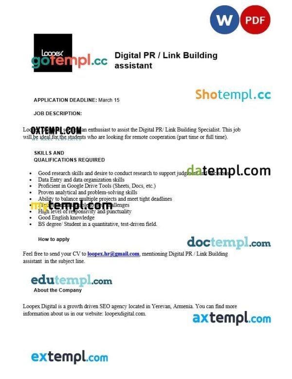 free digital PR assitant loopex template, Word and PDF format