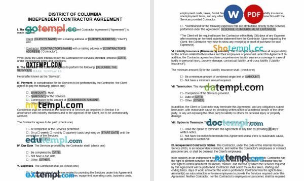 free district of columbia independent contractor agreement template, Word and PDF format