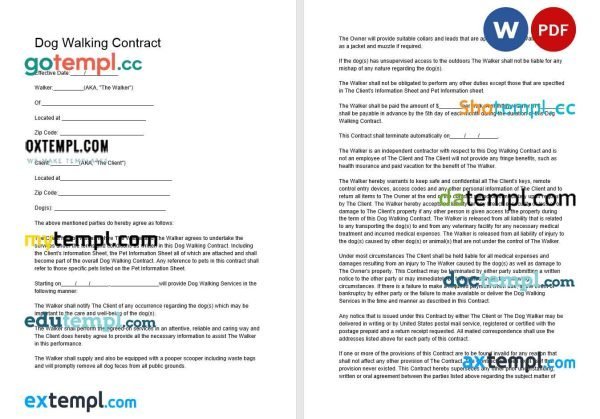 free dogwalking contract template, Word and PDF format