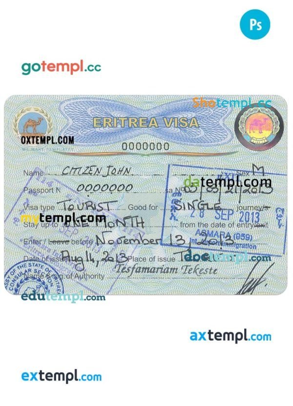 Eritrea travel visa PSD template, version 2