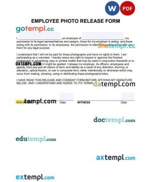 free employee photo release form template, Word and PDF format