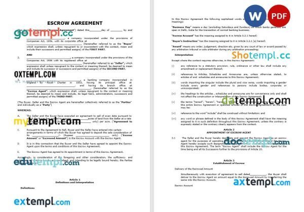 free escrow agreement template, Word and PDF format