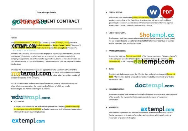free event investment contract template, Word and PDF format