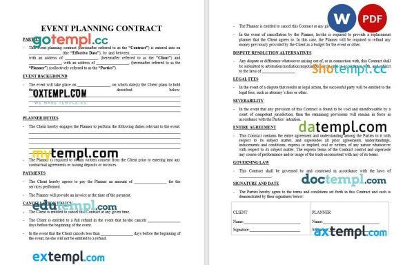 free event planning contract template, Word and PDF format