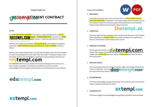 free film investment contract template, Word and PDF format