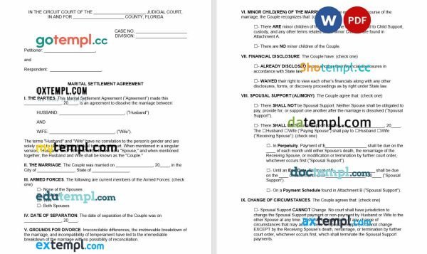 free florida marital settlement agreement template, Word and PDF format