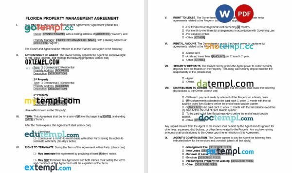 free florida property management agreement template, Word and PDF format