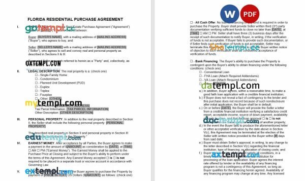 free florida residential real estate purchase agreement template, Word and PDF format