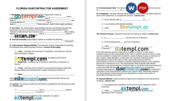 free florida subcontractor agreement template, Word and PDF format